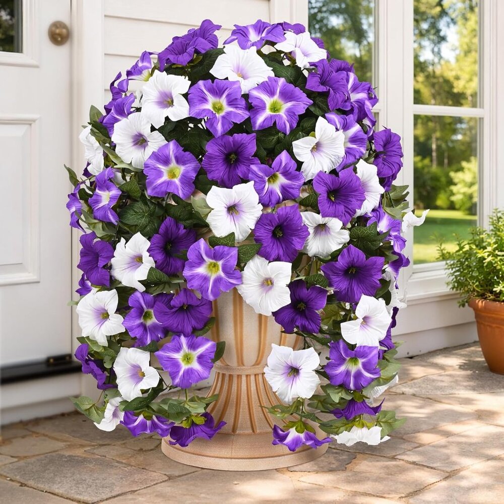 2-Pack Purple White Artificial Flowers Realistic Plants Outdoors Hanging Decor